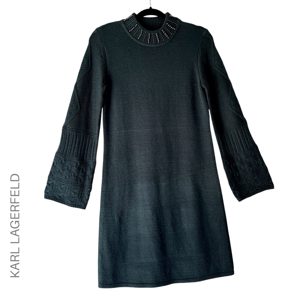 KARL LAGERFELD NWOT MOCK NECK SWEATER DRESS LONG BELL SLEEVE DARK GREEN | SMALL